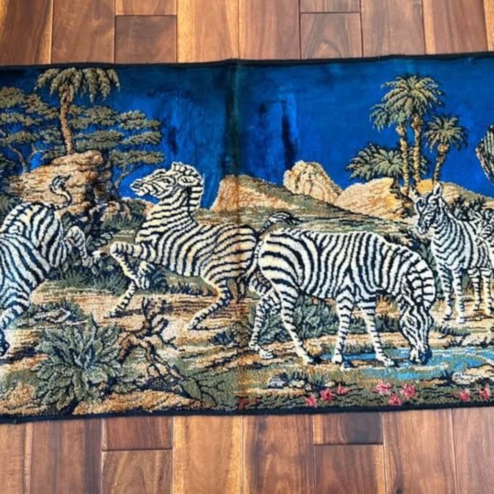 Vintage Velvet Tapestry Zebra Savanna Scene Runner Wall Art Man Cave Den Office